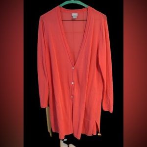 Coral Light Weight Cardigan. Button down, longer length. Chico size 0.